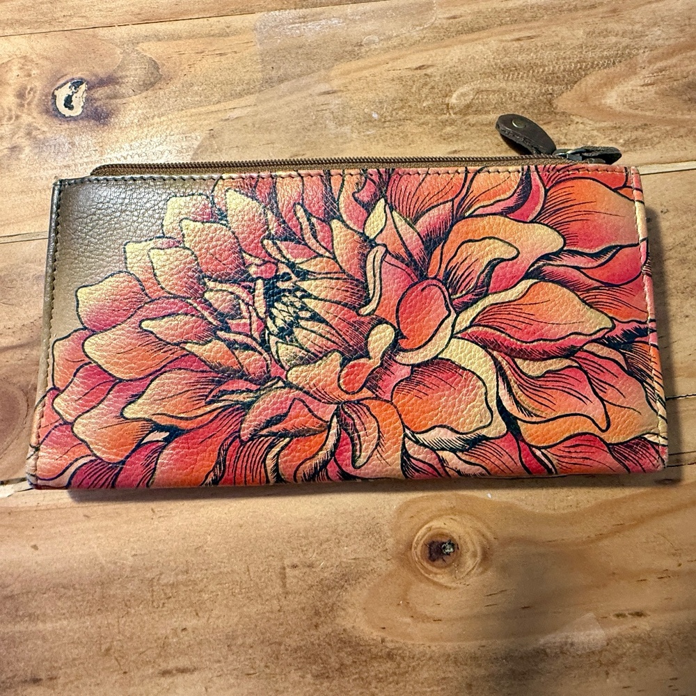 ANUSCHKA Leather Wallet Orange Gold Flower Lotus Hand Painted NEW w/o tags.